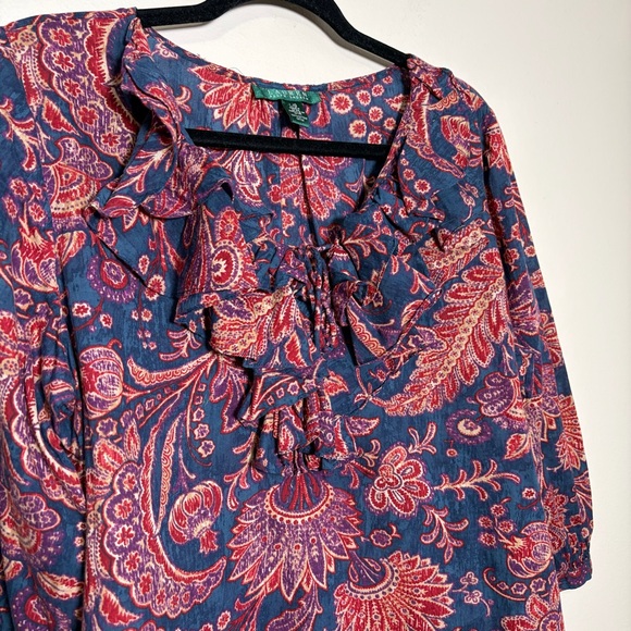 Lauren Ralph Lauren Ruffle Front Paisley 100% Cotton Blouse Size Large - Picture 3 of 8
